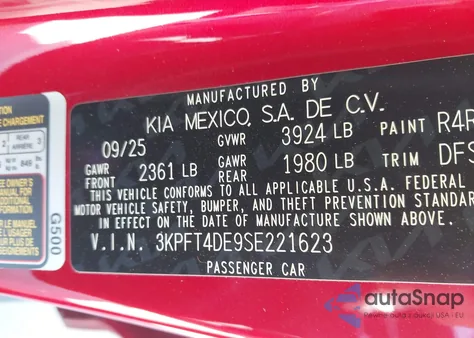 2025 Kia K4 Lxs из США, поврежденный, VIN 3KPFT4DE9SE221623